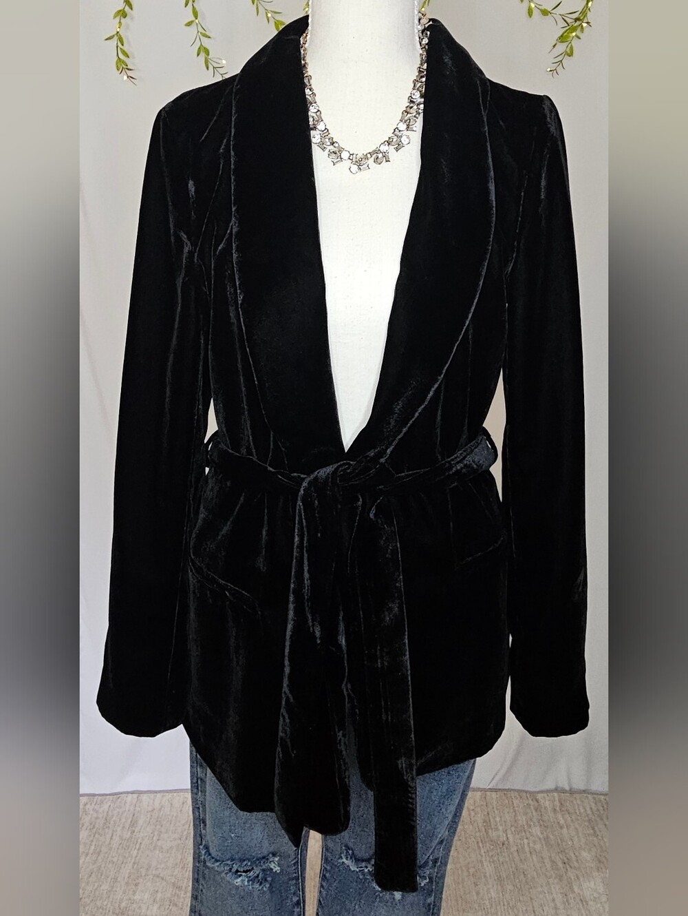 Zara Basic Black Velvet Belted Wrap Blazer Smoking Jacket Size M